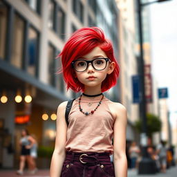 A tall, fair-skinned girl wearing glasses, with vibrant red hair styled elegantly, dressed in a short and stylish skirt
