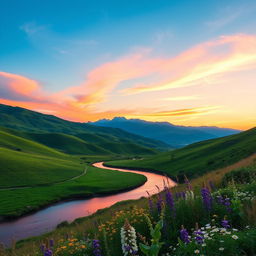 A beautiful scenic landscape featuring lush green hills under a clear blue sky, with a vibrant sunset casting warm orange and pink hues above