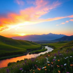 A beautiful scenic landscape featuring lush green hills under a clear blue sky, with a vibrant sunset casting warm orange and pink hues above