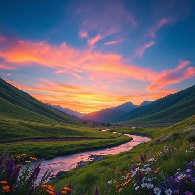 A beautiful scenic landscape featuring lush green hills under a clear blue sky, with a vibrant sunset casting warm orange and pink hues above