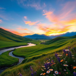 A beautiful scenic landscape featuring lush green hills under a clear blue sky, with a vibrant sunset casting warm orange and pink hues above