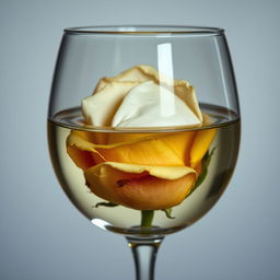 A wilted rose submerged partially in a glass filled with a mixture of oil and water