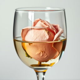 A wilted rose submerged partially in a glass filled with a mixture of oil and water