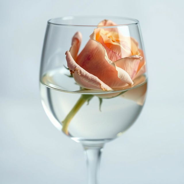 A wilted rose submerged partially in a glass filled with a mixture of oil and water