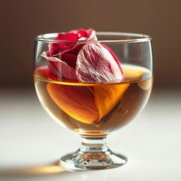 A wilted rose submerged partially in a glass filled with a mixture of oil and water