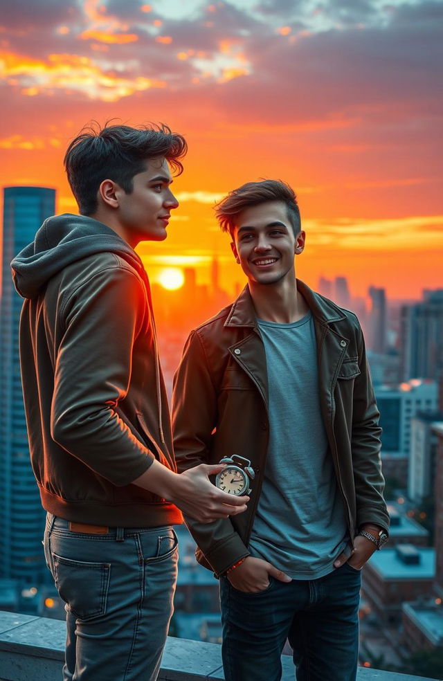 A romantic scene depicting two young men falling in love at 18 years old, set in a vibrant, colorful city