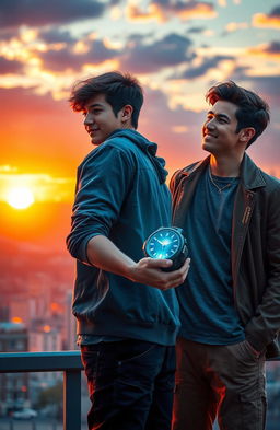 A romantic scene depicting two young men falling in love at 18 years old, set in a vibrant, colorful city