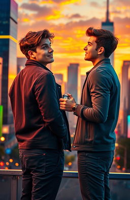 A romantic scene depicting two young men falling in love at 18 years old, set in a vibrant, colorful city
