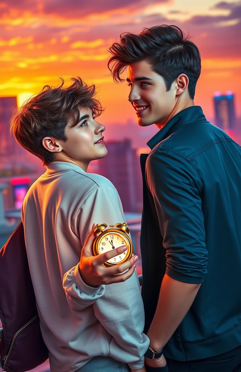 A romantic scene depicting two young men falling in love at 18 years old, set in a vibrant, colorful city
