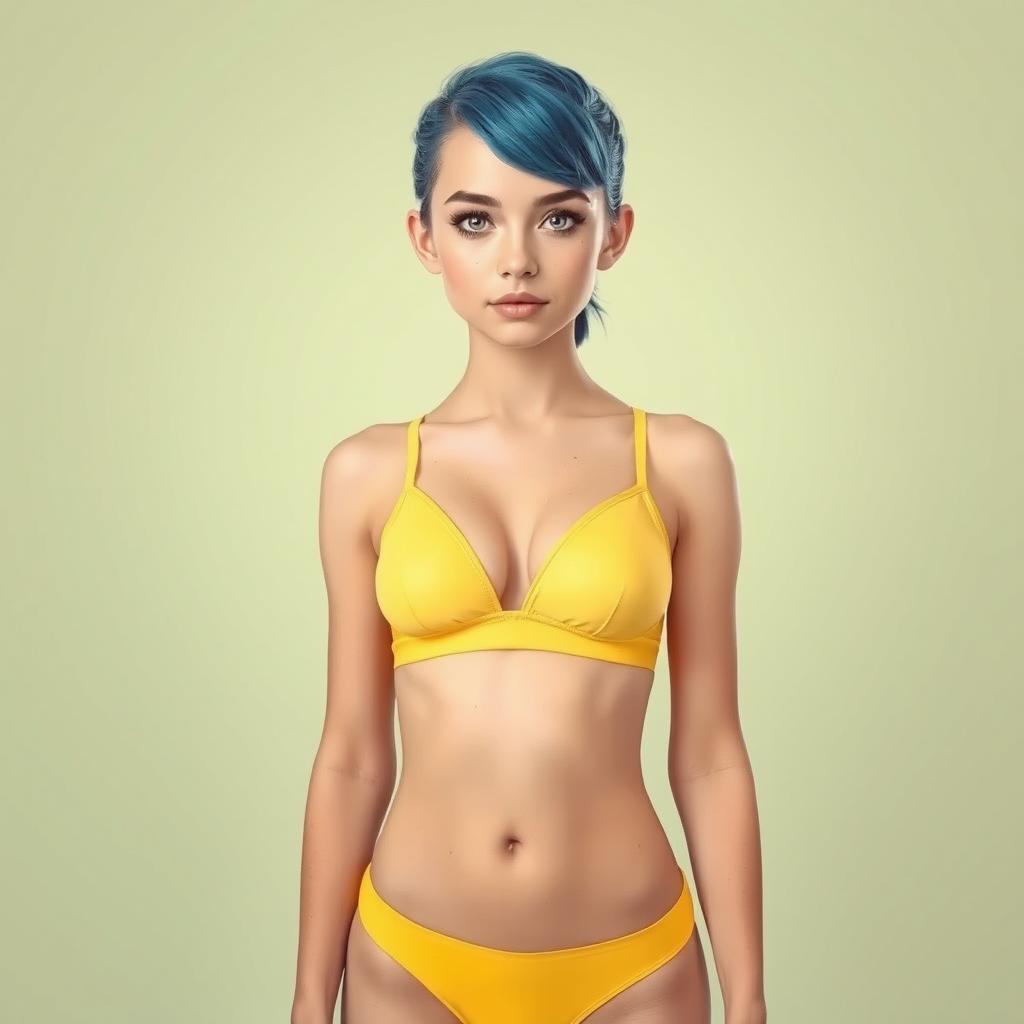 A tall, fair-skinned girl with blue hair wearing realistic yellow lingerie, standing in a confident pose