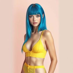 A tall, fair-skinned girl with blue hair wearing realistic yellow lingerie, standing in a confident pose