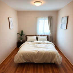 A cozy 3×3 room featuring a comfortable 2-person bed occupying the center of the space