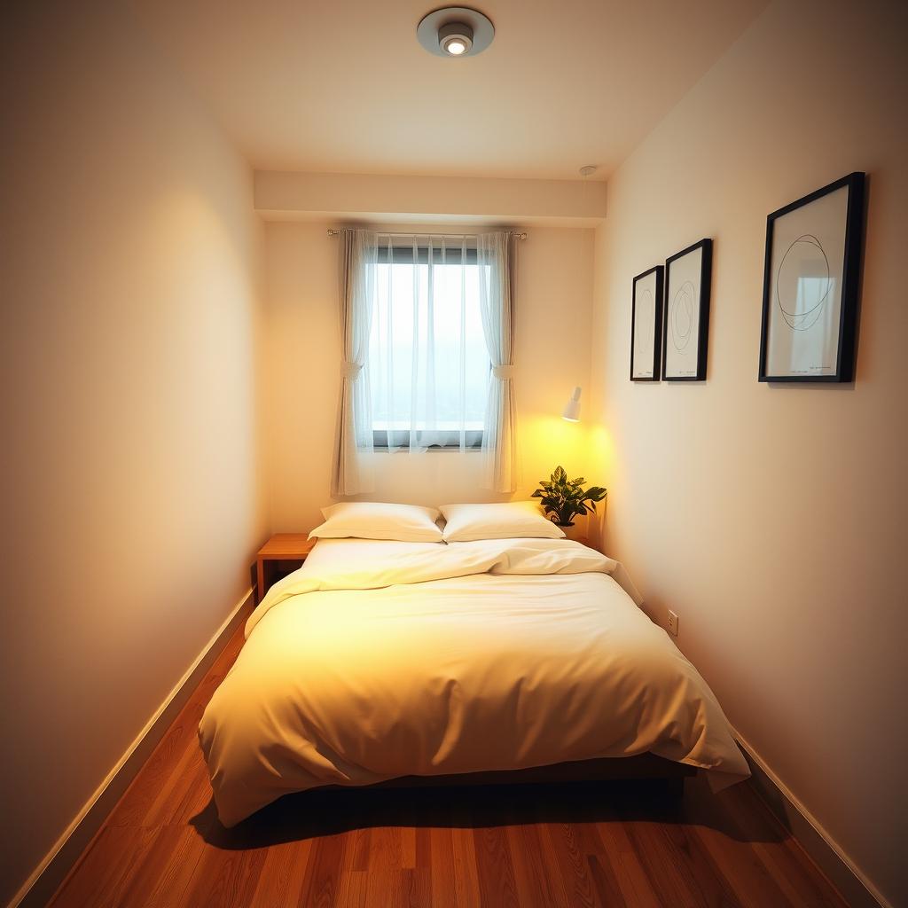 A cozy 3×3 room featuring a comfortable 2-person bed occupying the center of the space