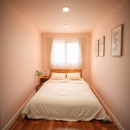 A cozy 3×3 room featuring a comfortable 2-person bed occupying the center of the space