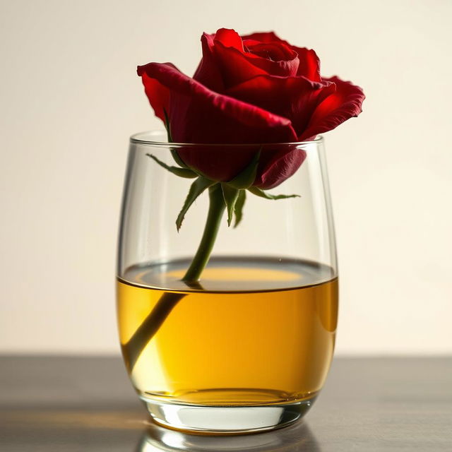 A wilted red rose sitting inside a glass vase, filled halfway with oil in the lower half and water in the upper half