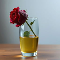 A wilted red rose sitting inside a glass vase, filled halfway with oil in the lower half and water in the upper half