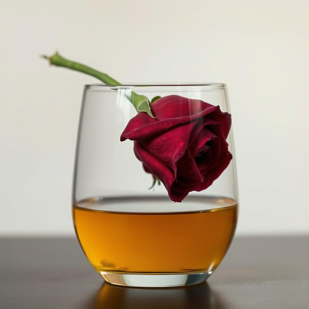 A wilted red rose sitting inside a glass vase, filled halfway with oil in the lower half and water in the upper half