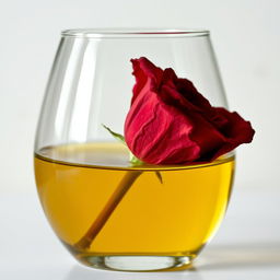A wilted red rose sitting inside a glass vase, filled halfway with oil in the lower half and water in the upper half