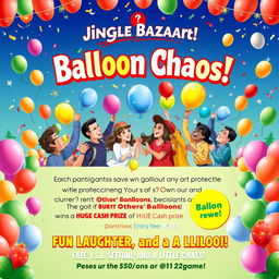 A vibrant and festive poster design for a Christmas carnival event named 'Jingle Bazaar', showcasing a fun-filled game called 'Balloon Chaos'