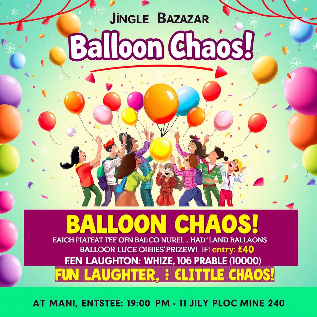 A vibrant and festive poster design for a Christmas carnival event named 'Jingle Bazaar', showcasing a fun-filled game called 'Balloon Chaos'