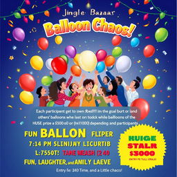 A vibrant and festive poster design for a Christmas carnival event named 'Jingle Bazaar', showcasing a fun-filled game called 'Balloon Chaos'