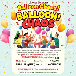 A vibrant and festive poster design for a Christmas carnival event named 'Jingle Bazaar', showcasing a fun-filled game called 'Balloon Chaos'