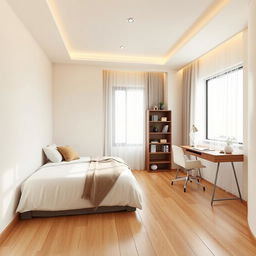 An elegantly designed 3×3 room that showcases a cozy 2-person bed placed against one wall, complemented by a stylish desk on the opposite side