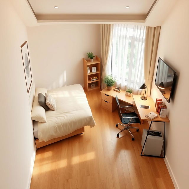 An elegantly designed 3×3 room that showcases a cozy 2-person bed placed against one wall, complemented by a stylish desk on the opposite side