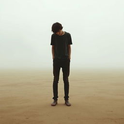 A person standing alone in a vast, empty space, embodying a sense of melancholy and solitude