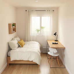 A thoughtfully designed 3×3 room showcasing a cozy 2-person bed against one wall, adorned with soft bedding and decorative pillows