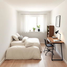 A thoughtfully designed 3×3 room showcasing a cozy 2-person bed against one wall, adorned with soft bedding and decorative pillows