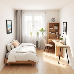 A thoughtfully designed 3×3 room showcasing a cozy 2-person bed against one wall, adorned with soft bedding and decorative pillows