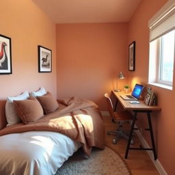 A cozy 3x3 room with a warm color palette, featuring a comfortable two-person bed against one wall adorned with soft pillows and a luxurious blanket