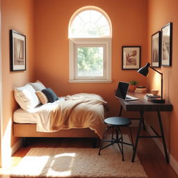 A cozy 3x3 room with a warm color palette, featuring a comfortable two-person bed against one wall adorned with soft pillows and a luxurious blanket