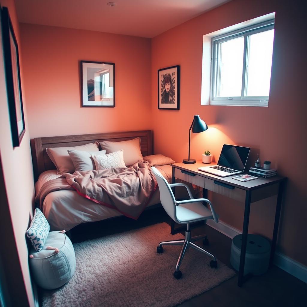 A cozy 3x3 room with a warm color palette, featuring a comfortable two-person bed against one wall adorned with soft pillows and a luxurious blanket