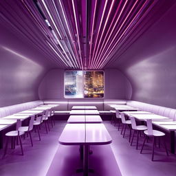 Futuristic restaurant containing six dining tables and a sofa, showcasing sleek design and modern aesthetics.