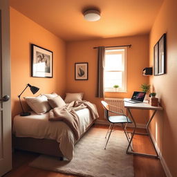 A cozy 3x3 room with a warm color palette, featuring a comfortable two-person bed against one wall adorned with soft pillows and a luxurious blanket
