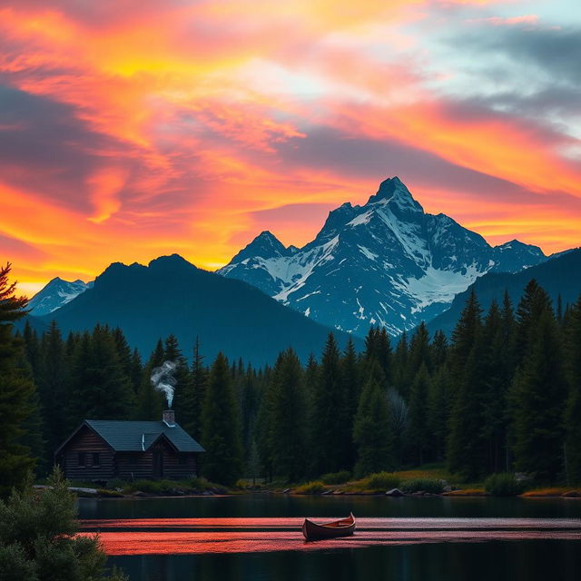 A majestic mountain landscape during sunset, with vibrant orange and pink hues painting the sky