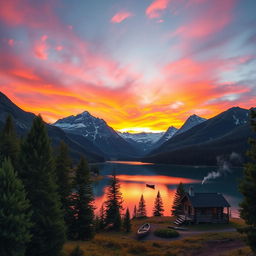 A majestic mountain landscape during sunset, with vibrant orange and pink hues painting the sky