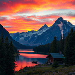 A majestic mountain landscape during sunset, with vibrant orange and pink hues painting the sky