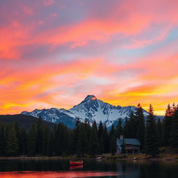 A majestic mountain landscape during sunset, with vibrant orange and pink hues painting the sky