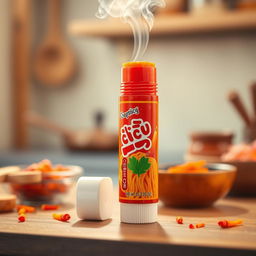 A chapstick tube designed to look like a spicy noodle, with vibrant red and orange colors to represent the spicy flavor, featuring intricate details such as steam rising from the top and little noodle textures on the sides