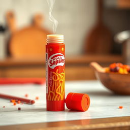 A chapstick tube designed to look like a spicy noodle, with vibrant red and orange colors to represent the spicy flavor, featuring intricate details such as steam rising from the top and little noodle textures on the sides