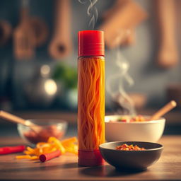 A chapstick tube designed to look like a spicy noodle, with vibrant red and orange colors to represent the spicy flavor, featuring intricate details such as steam rising from the top and little noodle textures on the sides