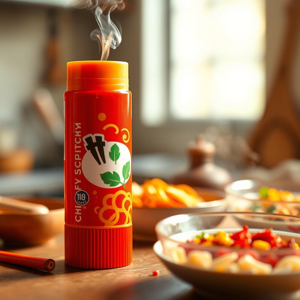 A chapstick tube designed to look like a spicy noodle, with vibrant red and orange colors to represent the spicy flavor, featuring intricate details such as steam rising from the top and little noodle textures on the sides