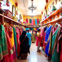 A vibrant and colorful clothing store merchandising traditional Sastri clothes