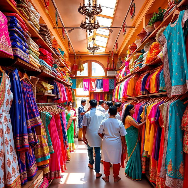 A vibrant and colorful clothing store merchandising traditional Sastri clothes