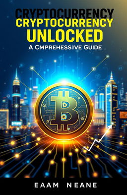 An informative e-book cover about cryptocurrency featuring a stylized digital coin, glowing and surrounded by a network of blockchain technology symbols