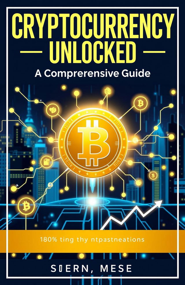 An informative e-book cover about cryptocurrency featuring a stylized digital coin, glowing and surrounded by a network of blockchain technology symbols