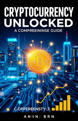 An informative e-book cover about cryptocurrency featuring a stylized digital coin, glowing and surrounded by a network of blockchain technology symbols